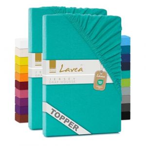 Lavea® Lot de 2 Draps-Housses Maya – Jersey 100% Coton – pour Lits Standard, Boxspring, à Eau ou avec Surmatelas – avec élastique – Oeko-TEX® (Turquoise, Surmatelas: 180x190-200x200cm) (B&D Textiles, neuf)