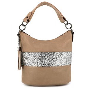 Gallantry - Sac &agrave; Main Bandouli&egrave;re Femme Paillettes - Sac Seau Port&eacute; Epaule Multicolore Rayures - Besace Anse Large Brillant Soir&eacute;e Mariage - PU Cuir Souple - Chic Tendance - Taupe (CROCOCHIC, neuf)