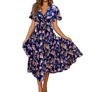 NNGOTD Robe de Plage Femme Ete Longue Tunique Robe t-Shirt Robe mi-Longue Robe trapèze à Manches Courtes Robe décontractée Robe à col en V avec Poches Robe de maternité Robe Soiree Paillette (BAULMD?90% Big Promotion Without Discount Code ?, neuf)