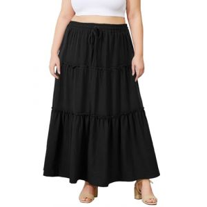 Moon Wood Jupe Longue Femme Ete Fluide Grande Taille Boheme Maxi Jupe Evasee ElastiqueTaille Haute A-Ligne Pliss&eacute;e Skirt &agrave; Volant avec Poches Noir 3XL (Moon Wood France, neuf)