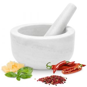 Gourmeo Mortier Pilon Cuisine - Accessoire Cuisine en Marbre de 18 cm de Diamètre pour Broyage des Épices Guacamole Pesto Noix Mojito - Mortier et Pilon Concasseur a Grain Blanc (SX-Commerce, neuf)