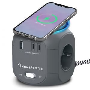 HOMEPROTEK Cube Multiprise avec Interrupteur et Chargeur sans Fil - Rallonge Multiprise USB C avec 3 Prises, 1 USBA et 2 USBC, Multi Prise USB pour Domicile ou Bureau (Gris) (BrandLab France, neuf)