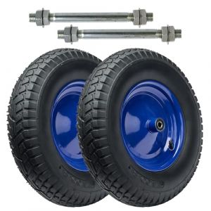 Garronda Roue de brouette 4.80/4.00-8 6PR Ø390x97mm, avec axe, doubles roulements, jante acier, valve auto, moyeu 99mm alésage 12mm, Lot de 2, GD-0163, Noir-Bleu (Hisert, neuf)