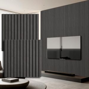 Panneaux Acoustiques En Bois，Lot de 2 Panneaux Muraux en MDF，Panneau Mural avec Placage en Bois et Feutre，Rev&ecirc;tement Mural 3D，Mur &agrave; Lamelles avec Isolation Phonique，60x60 CM，Noyer Noir (PAVELLE, neuf)