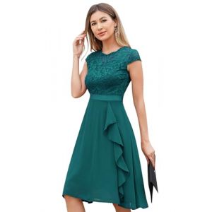 Odizli - Robe de cocktail pour femme - Manches courtes &eacute;l&eacute;gantes en dentelle avec volants en mousseline - Robe de f&ecirc;te de mariage courte pour soir&eacute;e, bleu paon, XL (Odizli store, neuf)