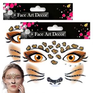THQAE 2 Feuilles Autocollants Visage L&eacute;opard, Tatouage Temporaire Autocollant Visage, Costume de Chat, Tatouage du Visage L&eacute;opards pour Deguisement Leopard, Carnaval pour F&ecirc;te (ProTechika O&Uuml;, neuf)