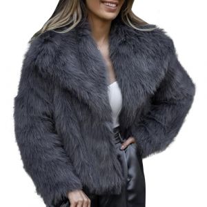 Manteau en fausse fourrure pour femme veste en fausse fourrure moelleuse &agrave; manches longues revers vestes d'hiver en fourrure shaggy parka manteau court (Gris&acirc;tre ​Fonc&eacute;,TP) (Weizhenkeji, neuf)