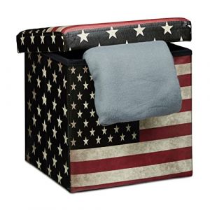 Relaxdays 10019050 Tabouret pliant coffre de rangement pliable banc de stockage avec couvercle amovible 38 x 38 x 38 cm pouf en similicuir repose-pieds table appoint motifs tendances USA (Relaxdays, neuf)