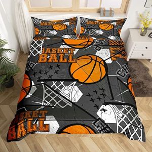 Basketball Housse de Couette 3D Ball Pattern Parure de Lit 220x240cm Sports Parure Housse de Couette pour Garçons Filles Ados Chambre Décor Joueur de Basket Orange Noir avec 2 taies d'oreiller (Bofanshangmao, neuf)