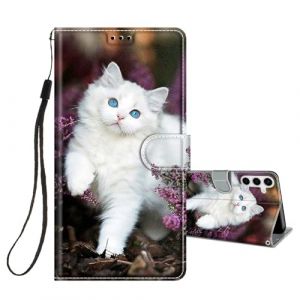 HopMore Coque pour Samsung Galaxy S24 FE 5G Etui &agrave; Rabat Housse de Protection &Eacute;tui en Cuir PU Pochette de Portefeuille Fente Cartes Cover Magn&eacute;tique avec Motif Case pour Samsung S24 FE, Chat Blanc (HopMore, neuf)