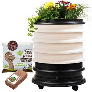WORMbox | Lombricomposteur 4 Plateaux Ivoire + Jardinière + 1kg de vers de Compost + 1 Bloc Coco | 64 litres | Compostez Vos déchets organiques, lombrics/lombricompost (Ferme du Moutta, neuf)