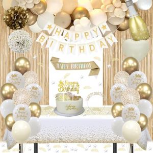 Decoration Anniversaire, Anniversaire Décorations Beige Blanc Or Ballons Kit Banderole Joyeux Anniversaire Pom Poms Confetti Echarpe Couronne Deco Rideau Nappe Couronne Anniversaire pour Fille Femme (ChangLeLiFei, neuf)