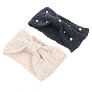 IMIKEYA Lot de 2 Bandeaux Tricot&eacute;s pour Femme Perles et N&oelig;ud D&eacute;coratif en Laine Douce Couleurs Beige Clair et Gris Fonc&eacute; L&eacute;gers et Chauds pour Usage Quotidien et Hivernal (Elsy Abbas, neuf)
