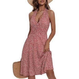 shownicer Robe Femme sans Manches Imprimée Floral Robe Courte Été Sexy Bretelle Dos Nu Mini Robe Casual Ample Robe de Plage A Rouge XS (Bang Okay Design, neuf)