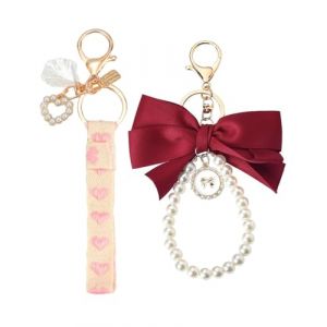 KEMUZ Lot de 2 porte clés en forme de nœud avec perles et ruban, Pour sac de voiture, porte-clés mignon en perles pour femme et fille pour sac à main, sac à dos, accessoires（rose+rouge） (WEIWEIHAI, neuf)