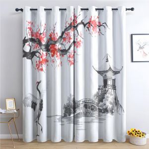 JHAHZJ Rideau Occultant Style Japonais, Rideaux Thermiques &agrave; Oeillets pour Salon Chambre Fenetre, Motif Fleur Grue Paysage Rideaux ​Lot De 2 Moderne D&eacute;coration De Fen&ecirc;tre, 140x160 cm (L x H) (LKJHGFDSAQWE, neuf)