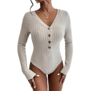 ticticlily Body Femme Manches Longues Body en Tricot Haut à Col en Roulé/Rond/V Combishort Tunique Top Sexy Chic Élégant Combinaison Leotard Knitted Bodysuit Jumpsuit C4 Abricot L (Flowers blossoming, neuf)