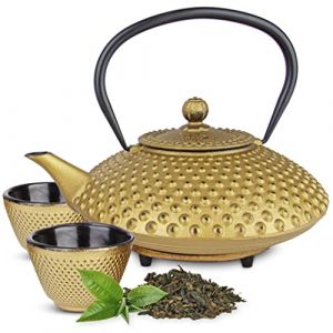 Tealøv THEIERE FONTE 1,25 LITRE SET COMPLET - BOÎTE CADEAU - Service à Thé en Fonte avec Théière, 2 Tasses & Dessous Théière - Entièrement Émaillée de l'Intérieur - Design De Style Japonais - Or (Cook & Dine, neuf)
