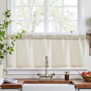 Vangao Dentelle Rideau Cuisine Court Beige Aspect Lin Passe Tringle L125 x H45 cm Lot de 1 Semi Transparent Vintage Rideau Brise Bise pour Salon sous evier Int&eacute;rieurs fenetre Chambre Placard (Hangzhou Fangao, neuf)