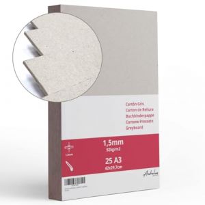 25 A3 Carton Gris 1,5mm d'épaisseur - format 42x29,7cm - Cartons pour reliure A3 de 925 g/m2 - Carton pressé - Carton recyclé - Carton rigide compact - Scrapbooking (Anhelus, neuf)