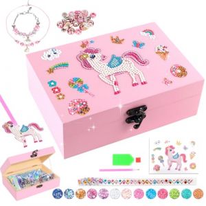PinkSheep Bo&icirc;te &agrave; bijoux en bois DIY avec collier, bracelet, autocollants de pierres pr&eacute;cieuses, coffre au tr&eacute;sor de pirate pour la peinture, coffres au tr&eacute;sor, ensemble artisanal pour filles (licorne (Pink Sheep, neuf)