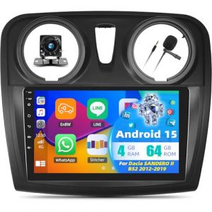 Android 15 4+64G Autoradio Bluetooth pour Dacia SANDERO II B52 2012-2019, &eacute;cran Tactile 9 Pouces, GPS int&eacute;gr&eacute; au Tableau de Bord, CarPlay et Android Auto, DSP/GPS, WiFi, 32EQ+, Cam&eacute;ra de Recul AHD (xinshunhangdianpu, neuf)