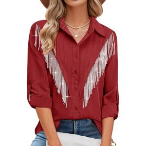 MYMORE Chemise boutonn&eacute;e avec Franges &agrave; Strass et Manches 3/4 pour Femme, pour Tenue de Cowgirl, Concert Nashville, Western, Taille L (MAOYUESHANGMAO, neuf)