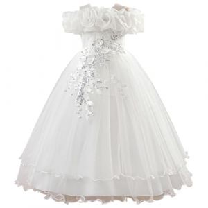 SoLu DAY8 Robe Princesse Fille sans Bretelles 7-12 Ans Tulle Robe de Soir&eacute;e Fille C&eacute;r&eacute;monie Cocktail Mariage Chic et Elegant Glamour Pas Cher Confortable Vacances Dress (8 Ans, Blanc) (SoLu DAY8, neuf)