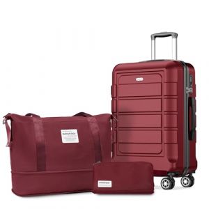 SHOWKOO Valise Rigide Cabine 55cm L&eacute;g&egrave;re PC+ABS Durable Petite Valise Soute 23kg Trolley Voyage avec Trousse de Toilette et Sacs de Voyage, Rouge (USA Travels, neuf)