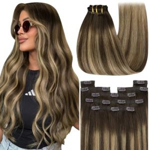 YoungSee Extension Cheveux Naturel Clip Brun Balayage Extension a Clip Cheveux Naturel Brun Blond Extension Clip Vrai Cheveux 55 cm Extension a Clip Cheveux Humain Balayage Blond #4/27/4 (YoungSee Europe, neuf)