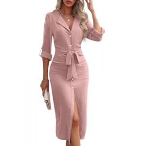 ORANDESIGNE Robe Chemise Femme Chic Et Elegant Ajust&eacute; Chemisier Long Manche Longue Blouse Bureau Robe Business Genoux Crayon Moulante Robe Ouverte Bouton Devant De Soir&eacute;e Rose L (ORANNER EU, neuf)