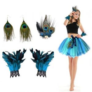 Lot de 3 costumes de paon pour femme - Plumes de paon - Manchettes en plumes, boucles d'oreilles - Costume de th&eacute;&acirc;tre &eacute;l&eacute;gant - Accessoires de paon pour Halloween, carnaval, cosplay, f&ecirc;te &agrave; th&egrave;me (KerweHersrxv, neuf)
