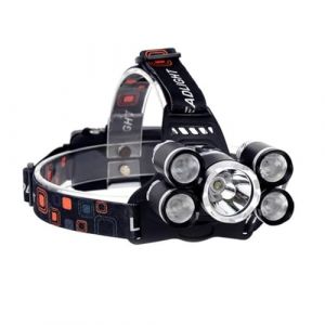Lampe frontale puissante 5x LED CREE XM-L T6 avec 5 modes de lumière, étanche IPX5, sangle réglable, boîtier en aluminium aéronautique, batterie + chargeur secteur et voiture inclus (Home Markt24, neuf)