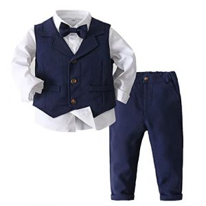 Aislor Costume de Bapt&ecirc;me Gentleman Enfant Garcon Fille Chemise Blanc + Cravate Fleuri +Gilet + Pantalon Garcon Tenu Formel Manche Longue 4 Pi&egrave;ces 12Mois-8 Ans Bleu Marine 18-24 Mois (Aislor EU, neuf)
