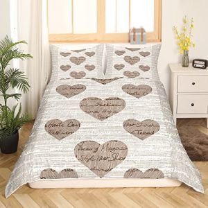 Amant Housse de Couette Beige Marron Femmes Filles Grain de Bois Ensemble de Literie Mot Imprimer Couples Coeur Motif Housse de Couette Ensemble Rétro Romance 3 pièces pour Chambre Décor, 220x240cm (Bofanshangmao, neuf)