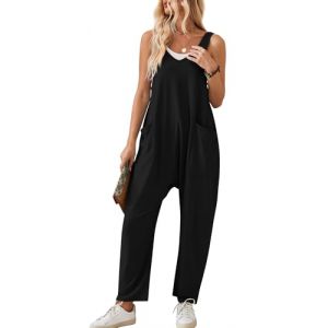 Salopette pour femme Salopette ample en tricot à jambe large Salopette ample décontractée avec poches Combinaison sans manches d'été Combinaisons Noir S (QINGYUEEU, neuf)