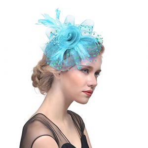 Chapeau bibi pour femme - Chapeau de mariage pour femme - Bandeau de fête de thé - Fleur de cocktail - En maille - Plumes - Pince à cheveux (bleu ciel, taille unique) (ZJens, neuf)
