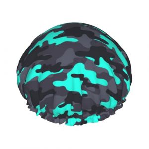 Bonnet de douche, bonnet de douche camouflage gris vert pour femme, r&eacute;utilisable, imperm&eacute;able, bonnet de douche, double couche, bande &eacute;lastique, bonnet de bain pour cheveux longs (JQMY-EU, neuf)
