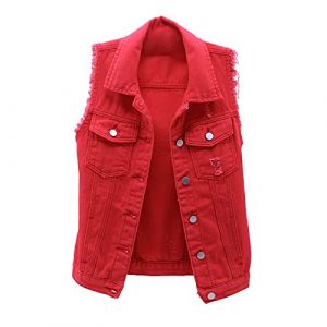 Gilet en Jean Femme Denim Veste sans Manche D&eacute;chir&eacute; Boutonn&eacute; Rouge S (light-in-the-dark, neuf)