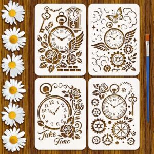 FINGERINSPIRE 4 Styles Pochoirs Horloges &agrave; Engrenages Vintage Avec Un Pinceau 29.7x21cm 4 Styles Pochoirs Horloges Cr&eacute;atives Ailes Fleurs Roses Mots Cl&eacute;s Mod&egrave;le Pet pour Bois Sol Mur Carrelage Tissu (FINGERINSPIRE FR, neuf)