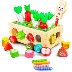 Kizmyee Montessori Jouet 1 an, Ferme en Bois 7 - en - 1 Jeu de, Recolte de Carottes, Cubes À Emboîter pour Tri & Empilage, Cadeau Éducatif pour Fille & Garçon (Kizmyee-EU, neuf)