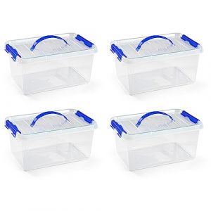 Acan Tradineur Lot de 4 bo&icirc;tes de rangement en plastique pour jouets, livres, v&ecirc;tements, couvertures, transparentes/anses bleues, n&deg; 22, 22 x 34 x 15,5 cm, 8 l (TRADINEUR, neuf)