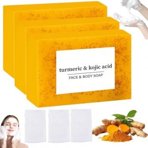 Savon Curcuma Visage Et Corps, Savon Eclaircissant, Lemon Turmeric Kojic Soap, Savons Eclaircissant Peau Noir Rapide Et Efficace, Skin Lightening Soap, Pour Bain éclaircissant, With Bubble Mesh (3) (FEIBAO&-Wu, neuf)