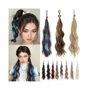 Extensions de cheveux synthétiques longs ondulés pour queue de cheval avec élastique - Pour décorer les cheveux (noir blanc gris) - 43,2 cm de long (airongchangyang, neuf)
