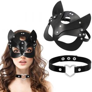 KUMSODE Ensemble Masque Catwoman Et Tour de Cou, Masque Sexy Cat Woman Masque Chat Cosplay Noir PU Masque de Chat en Cuir Masque de Mascarade Demi-Masque pour Halloween Cosplay (GuangZhouZiYueXianShangMaoYouXianGongSi, neuf)