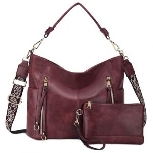 Chase Chic Sacs à main Hobo Sac porté épaule pour femmes，Sac Shopping Cuir PU Grande Sacs bandoulière Sacs portés épaule Portefeuille 2pcs Set Bordeaux (Chase Chic, neuf)