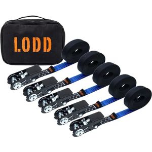 LODD - 5 Sangles d'Arrimage à Cliquet en Acier 6m x 25mm - Polyester Résistant (800 kg) avec Sac de Transport - Norme en 12195-2 - Fixation Universelle pour Déménagement, Remorque, Vélo, Moto (Matt' In, neuf)