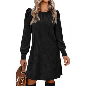 Zeagoo Robe Hiver Femme Robe en Maille C&ocirc;tel&eacute;e Col Rond Manches Bouffantes Non Transparente Coupe Ligne A Courte Confortable pour Quotidien Et Bureau Noir S (Zeagoo direct, neuf)