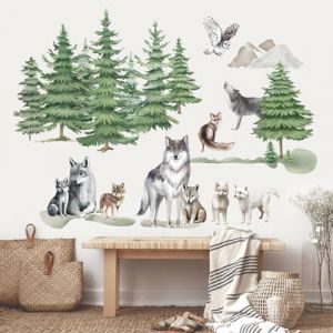 wondever Stickers Muraux Forêt Arbre Animaux Autocollants Muraux Mural Stickers Loup Arbre Pin Oiseaux pour Chambre Enfants Salon Sofa Mur (Wondever EU, neuf)