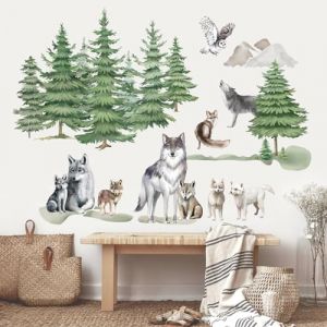 wondever Stickers Muraux Forêt Arbre Animaux Autocollants Muraux Mural Stickers Loup Arbre Pin Oiseaux pour Chambre Enfants Salon Sofa Mur (YiwuShi Xili Maoyi Youxian Gongsi, neuf)